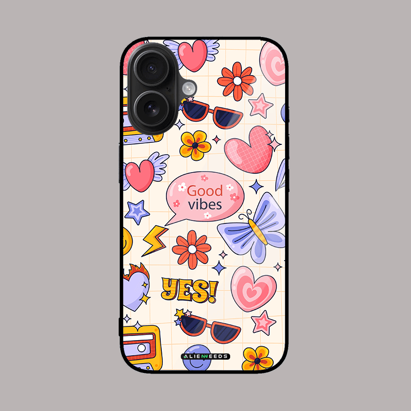 Good Vibes collage stickers cheerful glass case – fun mobile cover.