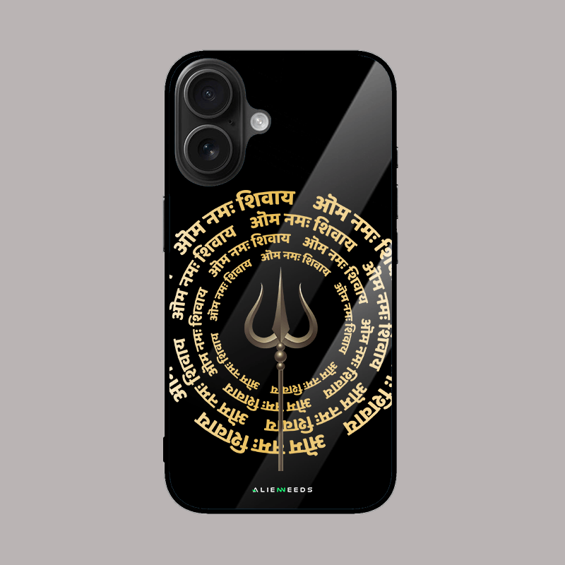 Om Namo Shivaya glass phone case – spiritual design.