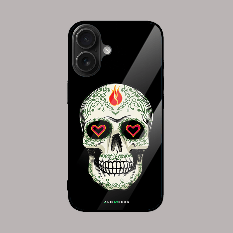 Sugar skull with heart eyes glass phone cover – artistic design.