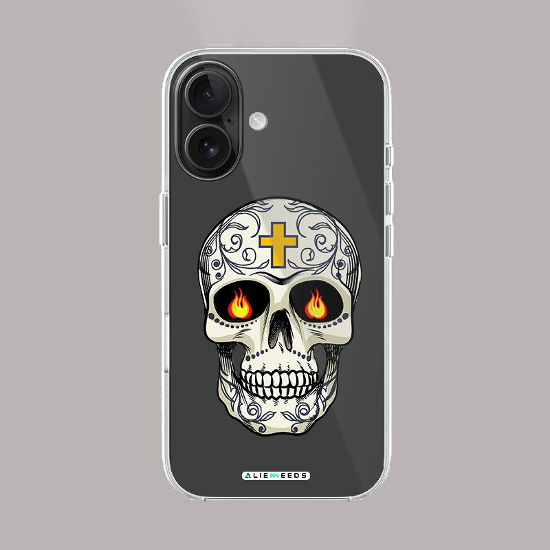 Sugar skull with flame eyes intense clear silicone mobile cover.