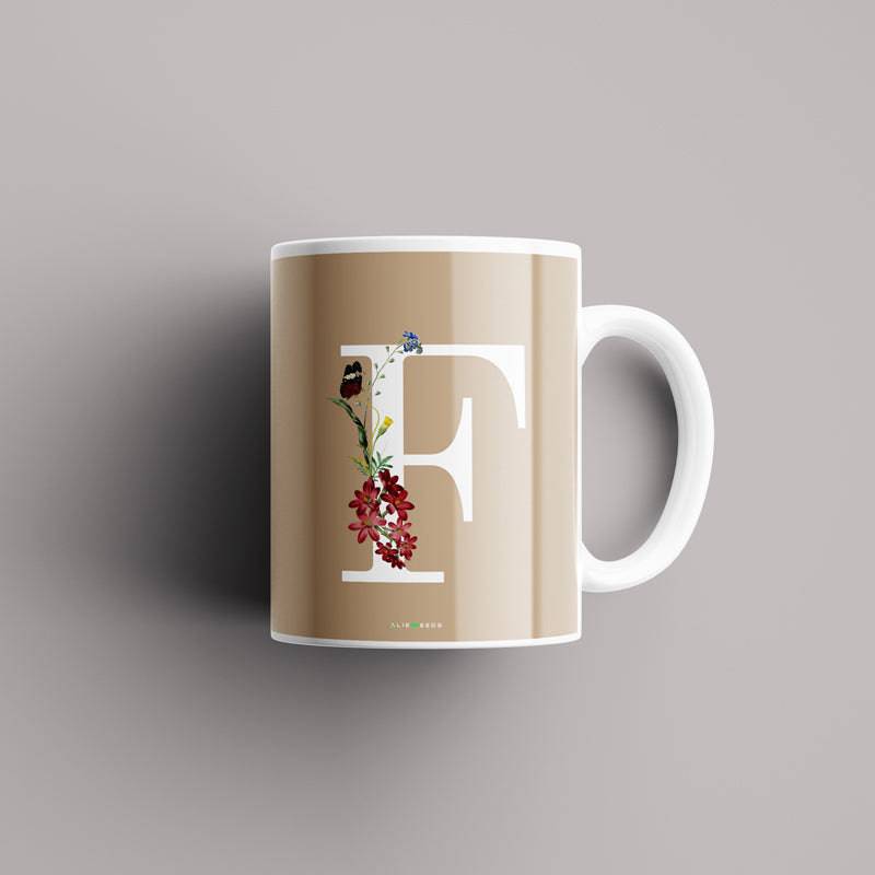 Aesthetic warm beige Alphabets Mug - Alienneeds.in