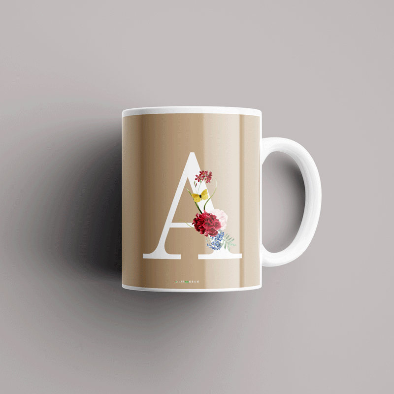 Aesthetic warm beige Alphabets Mug - Alienneeds.in