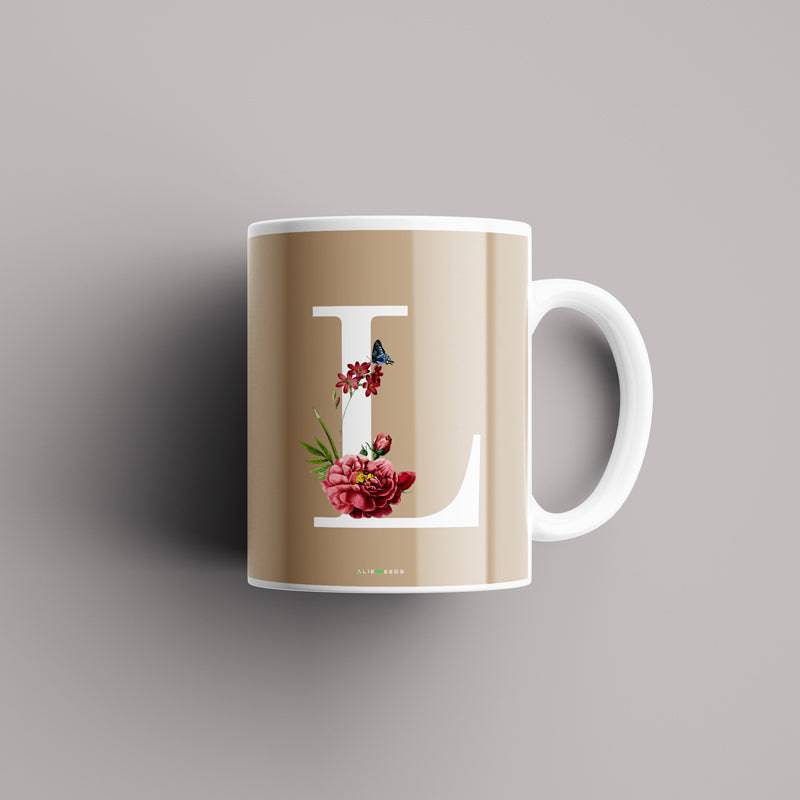 Aesthetic warm beige Alphabets Mug - Alienneeds.in