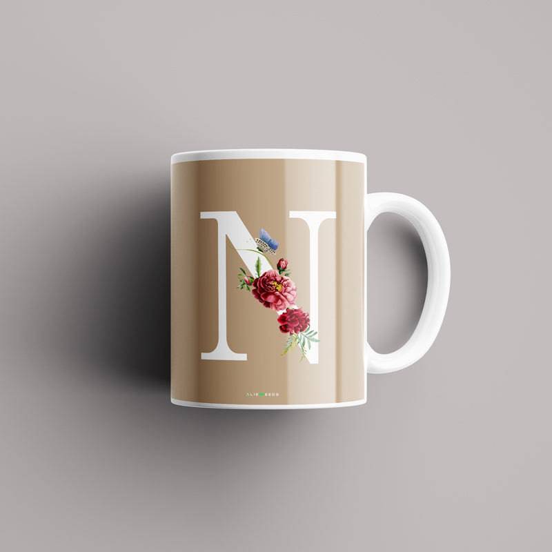 Aesthetic warm beige Alphabets Mug - Alienneeds.in