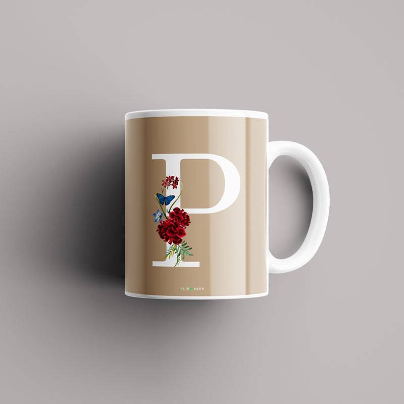 Aesthetic warm beige Alphabets Mug - Alienneeds.in