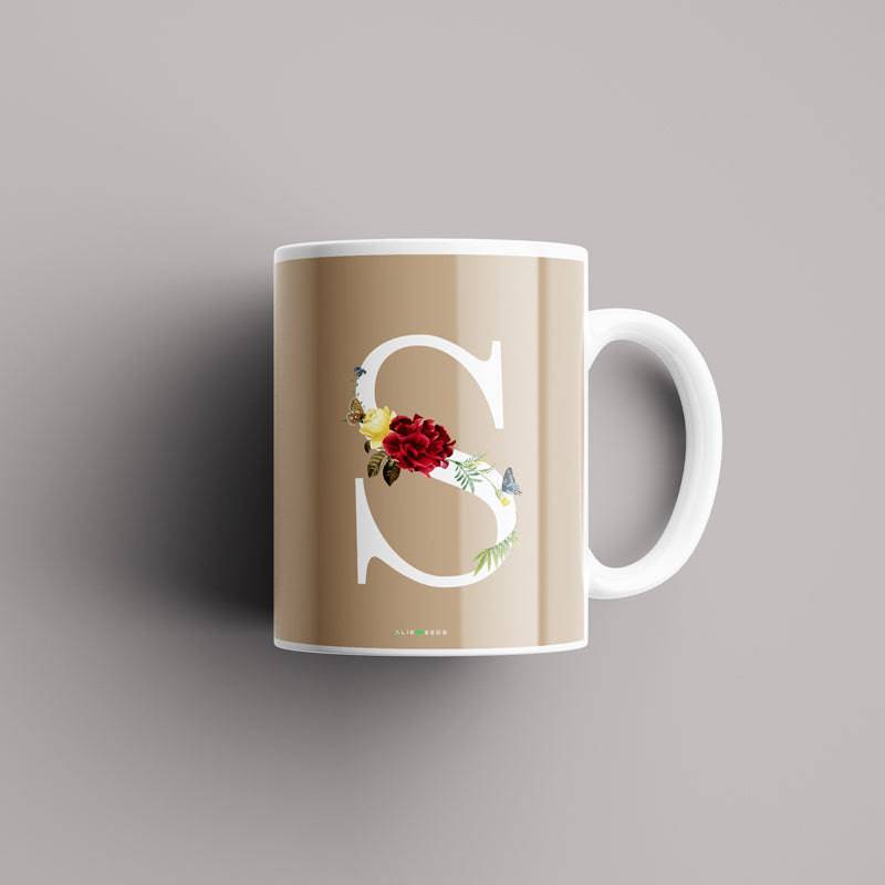 Aesthetic warm beige Alphabets Mug - Alienneeds.in