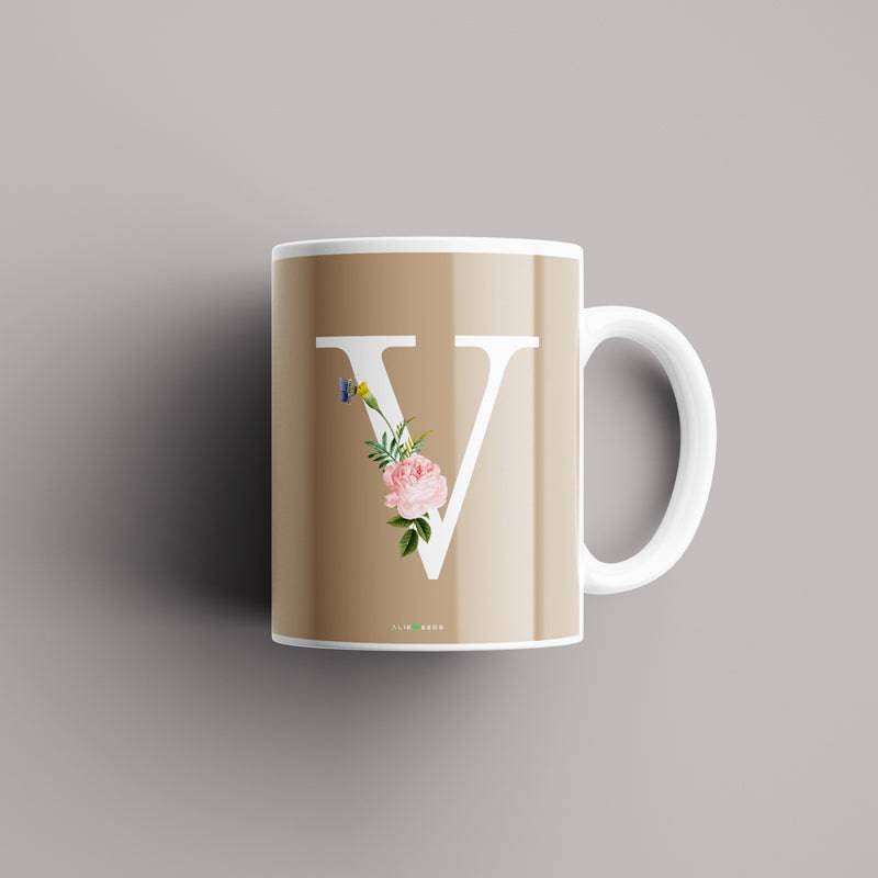 Aesthetic warm beige Alphabets Mug - Alienneeds.in