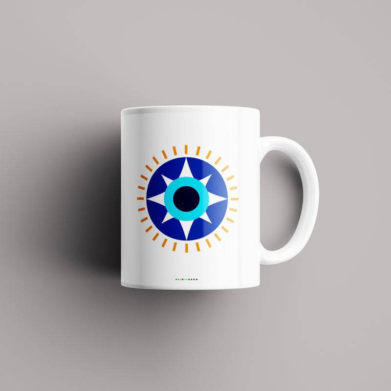 Positivity & Joy Mug – "Elegant ceramic mug with an evil eye and uplifting positivity symbols, designed to bring joy and good vibes to your day."